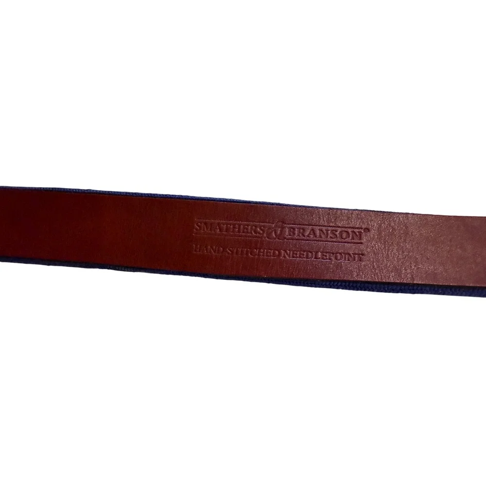 Smathers & Branson Mens 34 Needlepoint Belt Rowing Crew Oars Navy Blue Leather